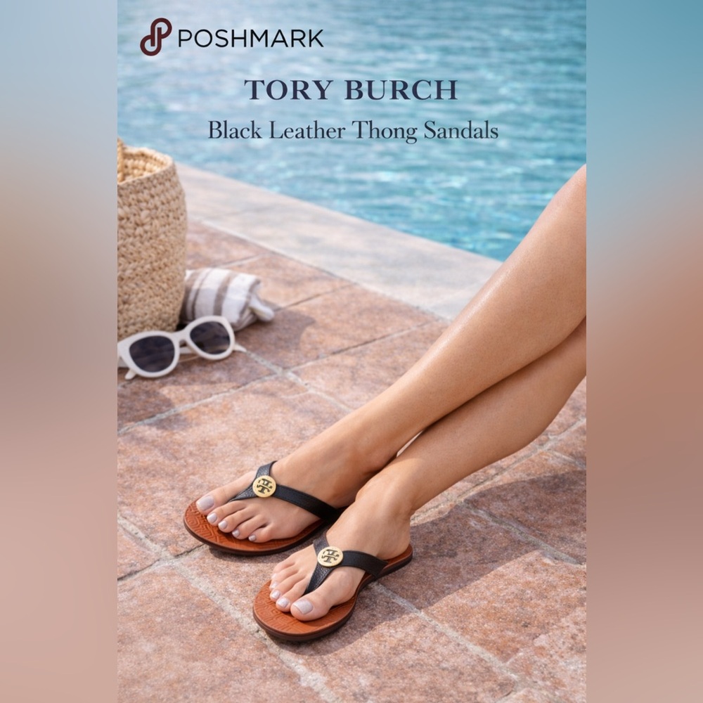 Tory Burch Black Leather Thong Sandals with Terracotta Footbed and Gold Logo - Picture 2 of 8